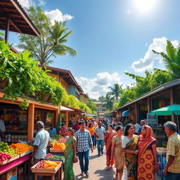 A vibrant, modern hub in Mondolpara, featuring a bustling street filled with colorful market stalls, vendors selling fresh fruits and vegetables, and locals engaging in conversation