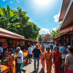A vibrant, modern hub in Mondolpara, featuring a bustling street filled with colorful market stalls, vendors selling fresh fruits and vegetables, and locals engaging in conversation