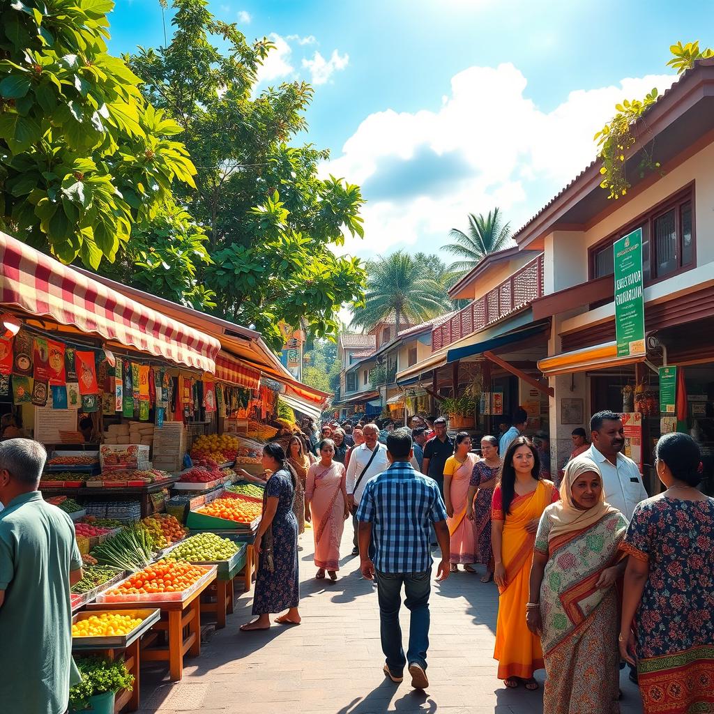 A vibrant, modern hub in Mondolpara, featuring a bustling street filled with colorful market stalls, vendors selling fresh fruits and vegetables, and locals engaging in conversation