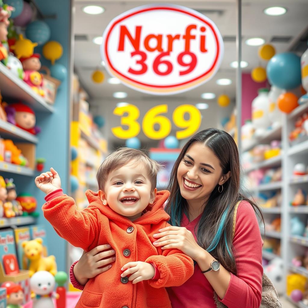 A joyful scene featuring a happy child and their beautiful young mother, both dressed in vibrant colors, enjoying a fun shopping day in a famous toy store in Turkey