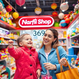 A joyful scene featuring a happy child and their beautiful young mother, both dressed in vibrant colors, enjoying a fun shopping day in a famous toy store in Turkey