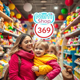 A joyful scene featuring a happy child and their beautiful young mother, both dressed in vibrant colors, enjoying a fun shopping day in a famous toy store in Turkey