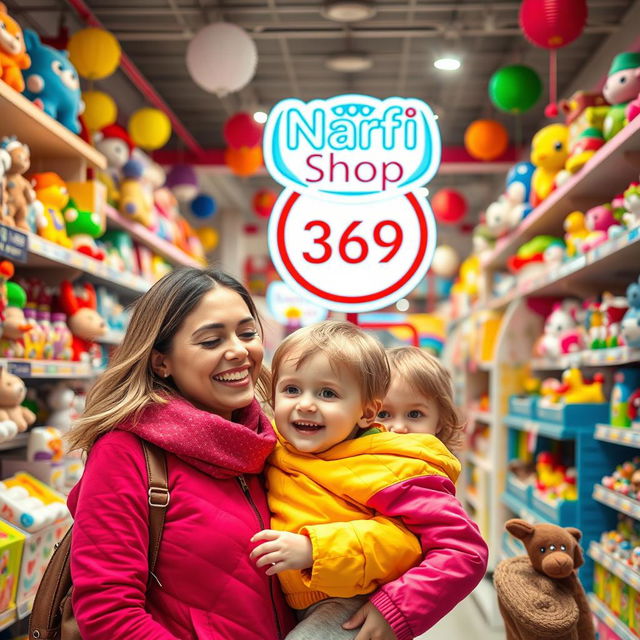 A joyful scene featuring a happy child and their beautiful young mother, both dressed in vibrant colors, enjoying a fun shopping day in a famous toy store in Turkey