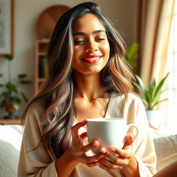 A beautiful young Indian woman enjoying a moment of peace while sipping herbal tea