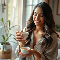 A beautiful young Indian woman enjoying a moment of peace while sipping herbal tea