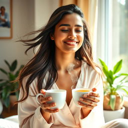 A beautiful young Indian woman enjoying a moment of peace while sipping herbal tea