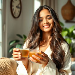 A beautiful young Indian woman enjoying a moment of peace while sipping herbal tea