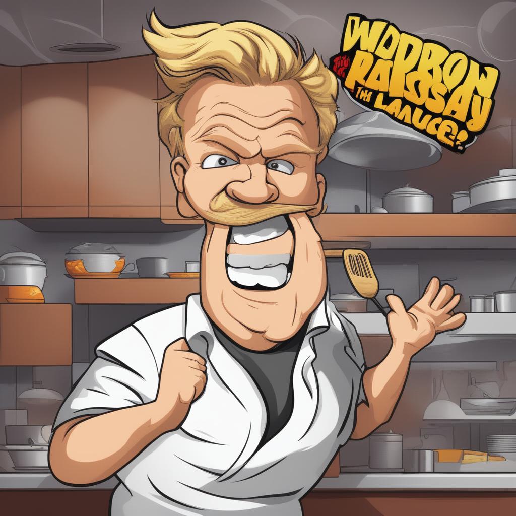 A digital caricature of Gordon Ramsey, mid-outburst, with the phrase 'WHERE'S THE LAMB SAUCE?!' above his head