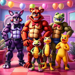A vibrant and lively scene featuring ANTHRO Glamrock Foxy the Fox, ANTHRO Glamrock Lefty the Bear, and ANTHRO Monty Gator from FNAF: Security Breach