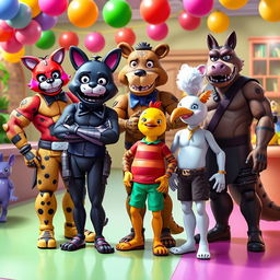 A vibrant and lively scene featuring ANTHRO Glamrock Foxy the Fox, ANTHRO Glamrock Lefty the Bear, and ANTHRO Monty Gator from FNAF: Security Breach