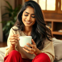A beautiful young Indian woman savoring a moment of relaxation while sipping herbal tea