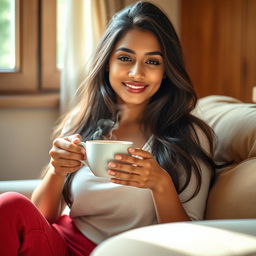 A beautiful young Indian woman savoring a moment of relaxation while sipping herbal tea