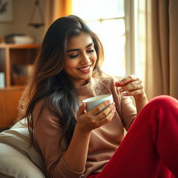 A beautiful young Indian woman savoring a moment of relaxation while sipping herbal tea