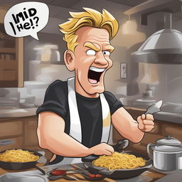 A digital caricature of Gordon Ramsey, mid-outburst, with the phrase 'WHERE'S THE LAMB SAUCE?!' above his head