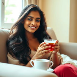 A beautiful young Indian woman savoring a moment of relaxation while sipping herbal tea