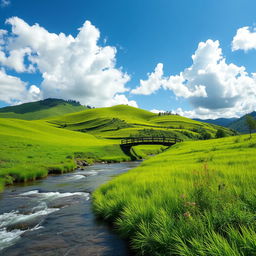 An idyllic landscape showcasing the serene beauty of Mondolpara, with lush green fields and a vibrant blue sky scattered with fluffy white clouds