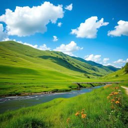 An idyllic landscape showcasing the serene beauty of Mondolpara, with lush green fields and a vibrant blue sky scattered with fluffy white clouds