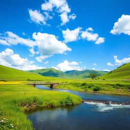 An idyllic landscape showcasing the serene beauty of Mondolpara, with lush green fields and a vibrant blue sky scattered with fluffy white clouds