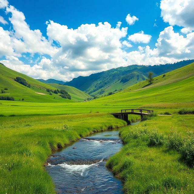 An idyllic landscape showcasing the serene beauty of Mondolpara, with lush green fields and a vibrant blue sky scattered with fluffy white clouds