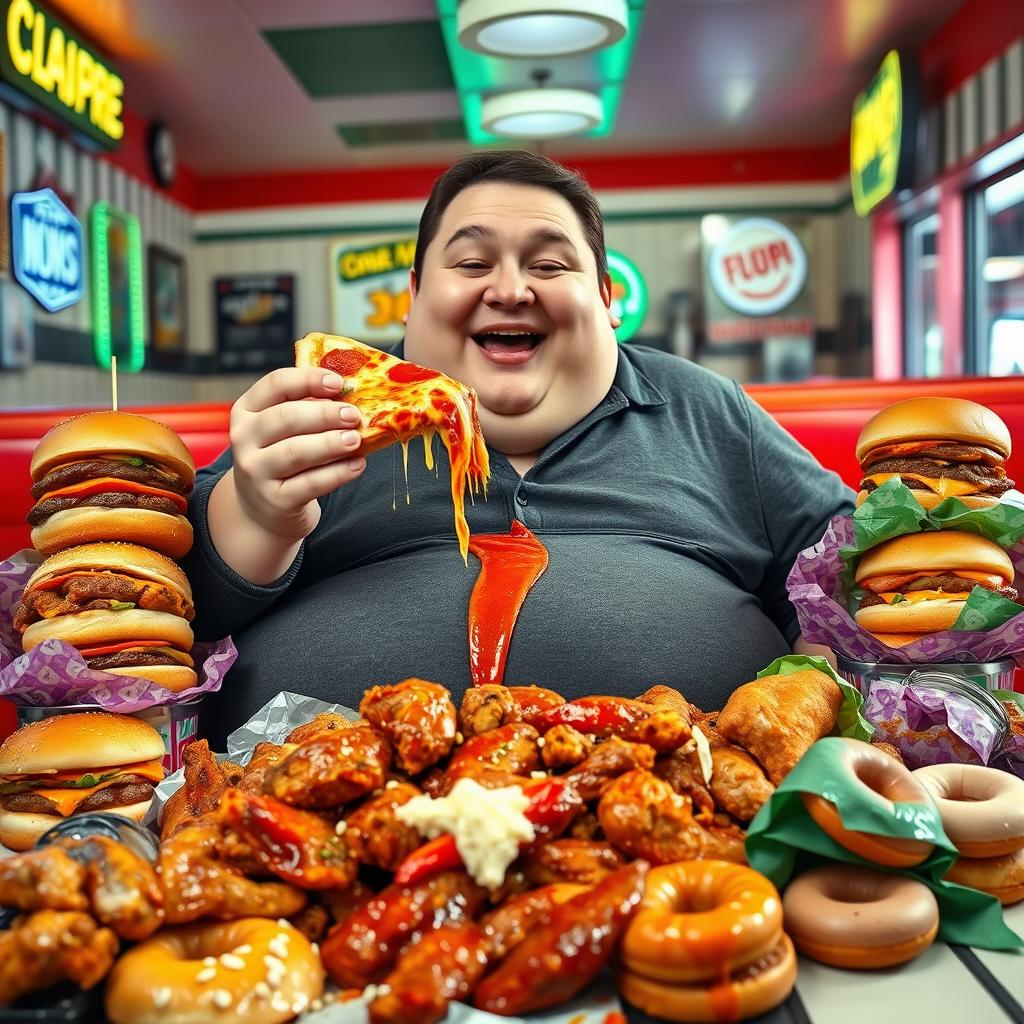 A comical scene featuring an overweight person sitting at a table surrounded by a large pile of junk food such as greasy burgers, spicy chicken wings, and sugary donuts