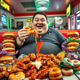 A comical scene featuring an overweight person sitting at a table surrounded by a large pile of junk food such as greasy burgers, spicy chicken wings, and sugary donuts