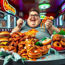 A comical scene featuring an overweight person sitting at a table surrounded by a large pile of junk food such as greasy burgers, spicy chicken wings, and sugary donuts