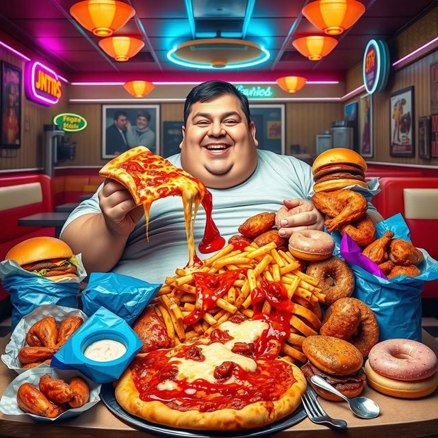 A comical scene featuring an overweight person sitting at a table surrounded by a large pile of junk food such as greasy burgers, spicy chicken wings, and sugary donuts