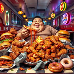 A comical scene featuring an overweight person sitting at a table surrounded by a large pile of junk food such as greasy burgers, spicy chicken wings, and sugary donuts