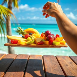 On a wooden table by a paradisiacal beach, there is a beautifully arranged platter of colorful fruits