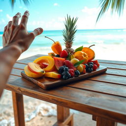 On a wooden table by a paradisiacal beach, there is a beautifully arranged platter of colorful fruits