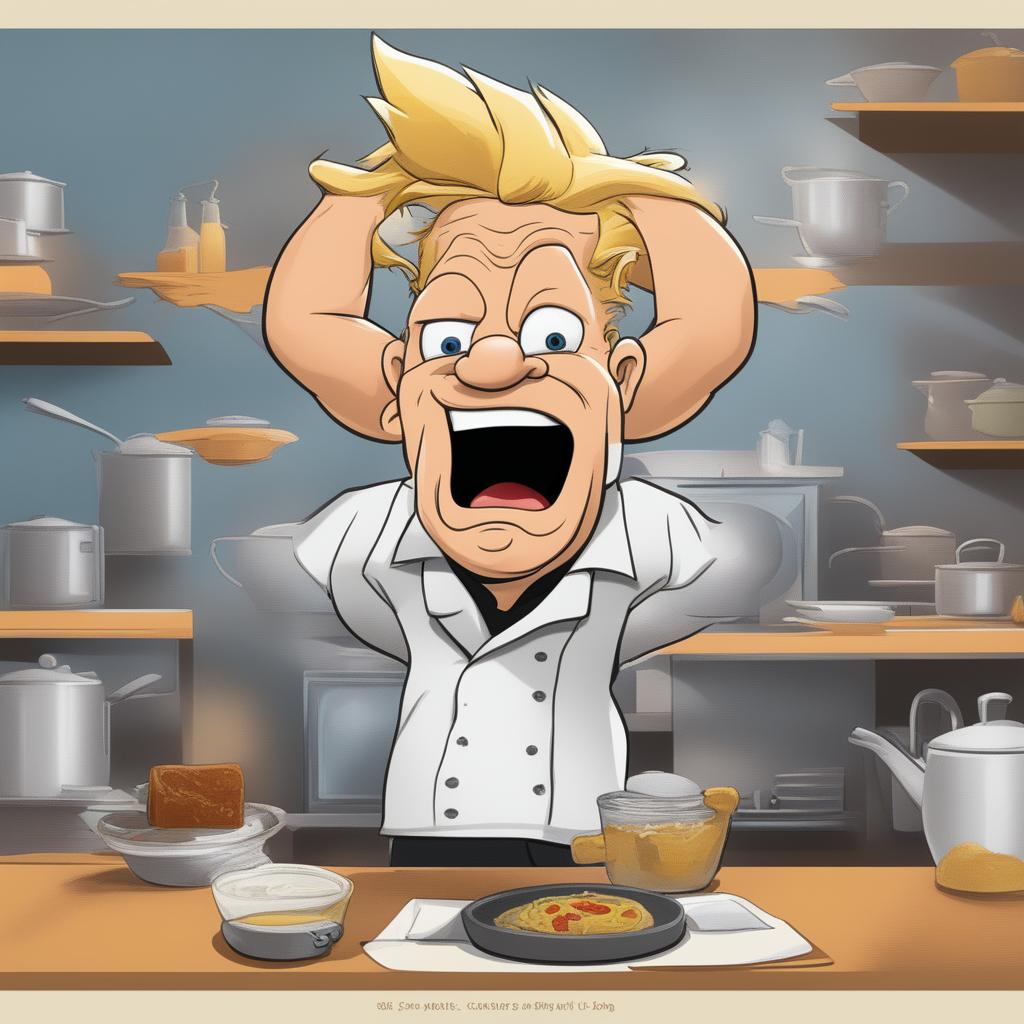 A digital caricature of Gordon Ramsey, mid-outburst, with the phrase 'WHERE'S THE LAMB SAUCE?!' above his head