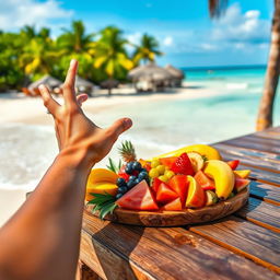 On a wooden table by a paradisiacal beach, there is a beautifully arranged platter of colorful fruits
