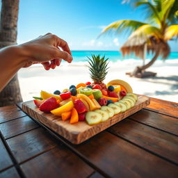 On a wooden table by a paradisiacal beach, there is a beautifully arranged platter of colorful fruits