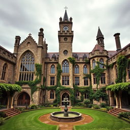 A medieval mental asylum building designed in the architectural style of the Middle Ages, featuring large stone walls, tall Gothic windows with intricate stained glass, and a fortified entrance