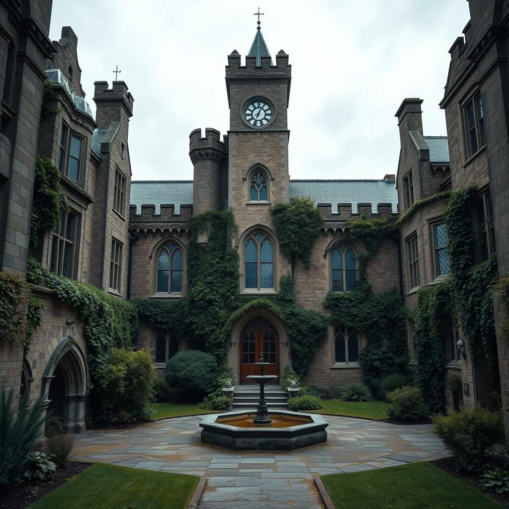 A medieval mental asylum building designed in the architectural style of the Middle Ages, featuring large stone walls, tall Gothic windows with intricate stained glass, and a fortified entrance