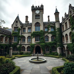 A medieval mental asylum building designed in the architectural style of the Middle Ages, featuring large stone walls, tall Gothic windows with intricate stained glass, and a fortified entrance