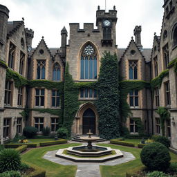 A medieval mental asylum building designed in the architectural style of the Middle Ages, featuring large stone walls, tall Gothic windows with intricate stained glass, and a fortified entrance