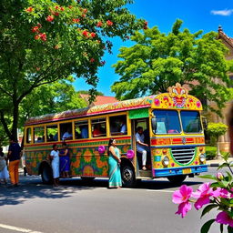 A vibrant Sri Lankan bus, decorated with colorful and intricate designs, showcasing traditional motifs and patterns