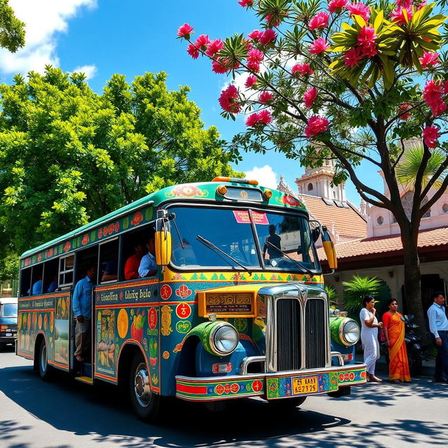 A vibrant Sri Lankan bus, decorated with colorful and intricate designs, showcasing traditional motifs and patterns