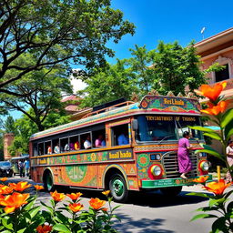 A vibrant Sri Lankan bus, decorated with colorful and intricate designs, showcasing traditional motifs and patterns