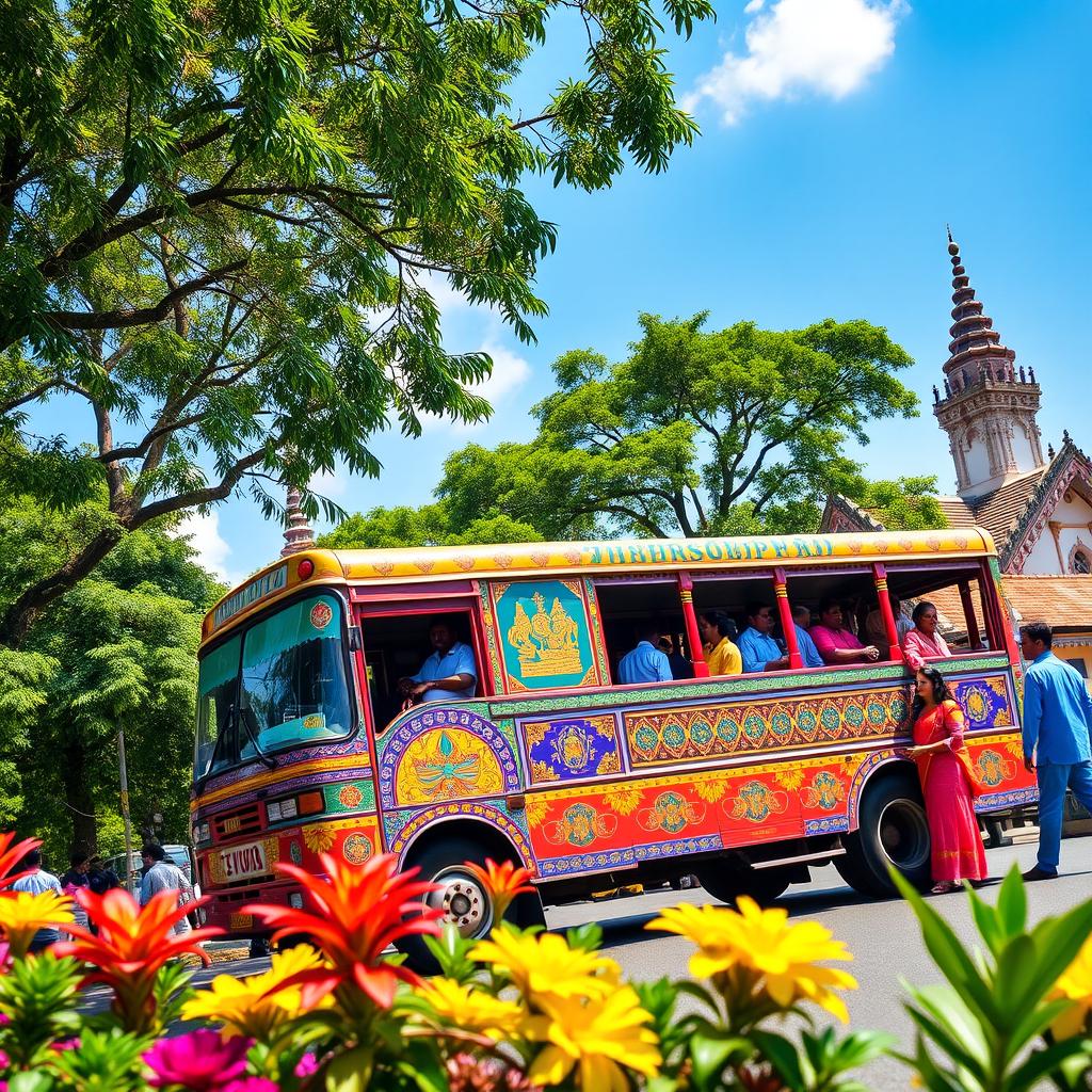 A vibrant Sri Lankan bus, decorated with colorful and intricate designs, showcasing traditional motifs and patterns