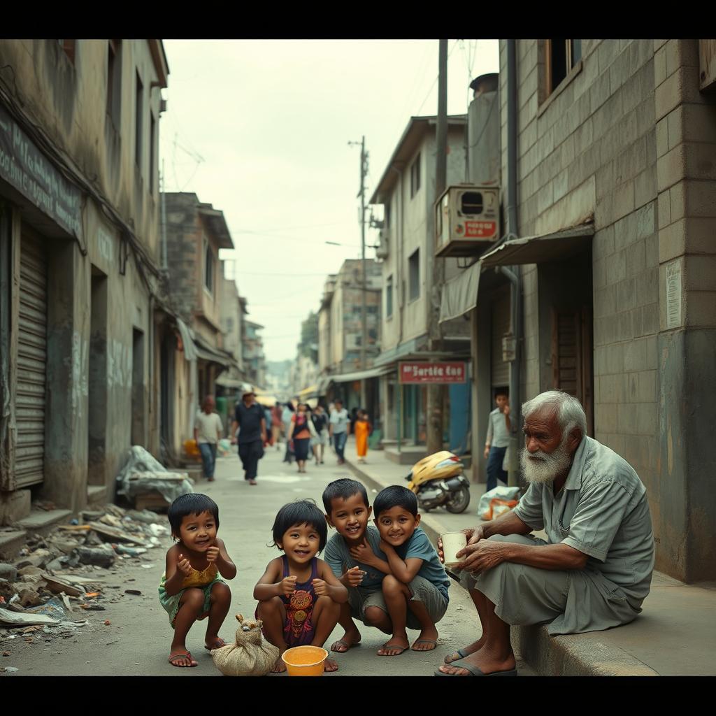 A poignant and evocative scene depicting poverty in an urban setting