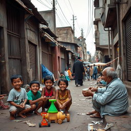 A poignant and evocative scene depicting poverty in an urban setting