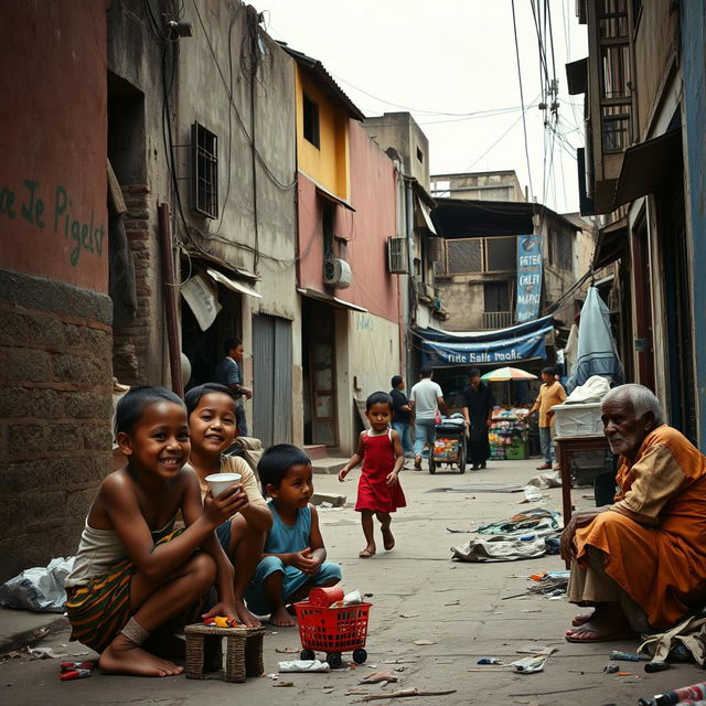 A poignant and evocative scene depicting poverty in an urban setting