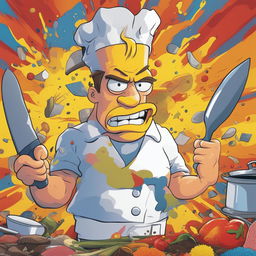 A cartoon-like digital art image showing an exaggerated depiction of Gordon Ramsey so angry that his head is shown symbolically exploding