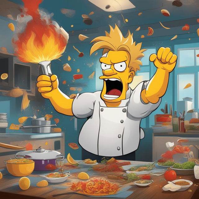 A cartoon-like digital art image showing an exaggerated depiction of Gordon Ramsey so angry that his head is shown symbolically exploding