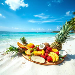 A stunning photo for Instagram featuring a beautifully arranged platter of tropical fruits on the sandy shore of a paradisiacal beach