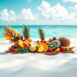 A stunning photo for Instagram featuring a beautifully arranged platter of tropical fruits on the sandy shore of a paradisiacal beach