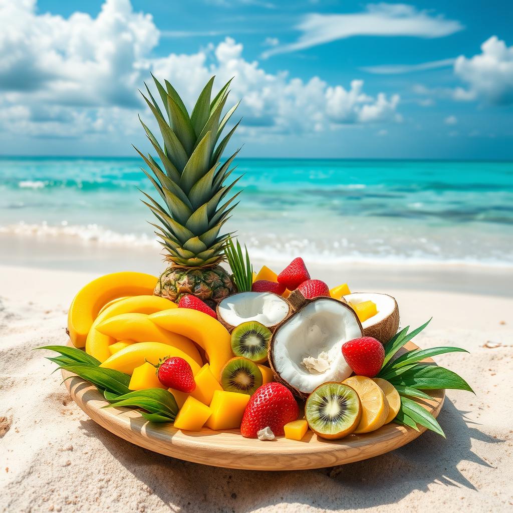 A stunning photo for Instagram featuring a beautifully arranged platter of tropical fruits on the sandy shore of a paradisiacal beach