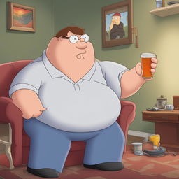 The image is a cartoon illustration of Peter Griffin from 'Family Guy' tasting Red Bull for the first time